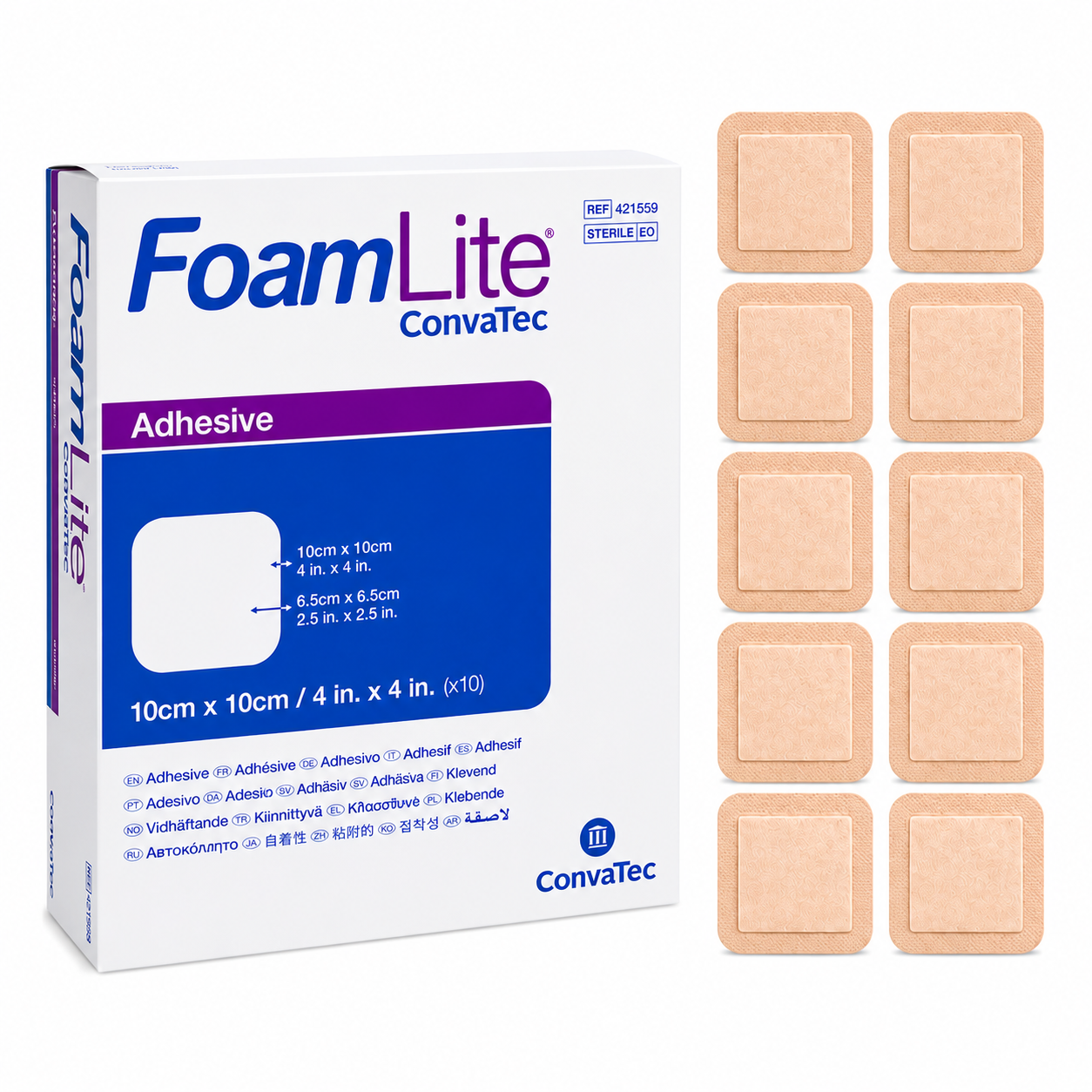 Apósito espuma adhesivo silicona FoamLite 10x10 cm caja x10 Convatec con 10 unidades sobre fondo blanco para catálogo médico
