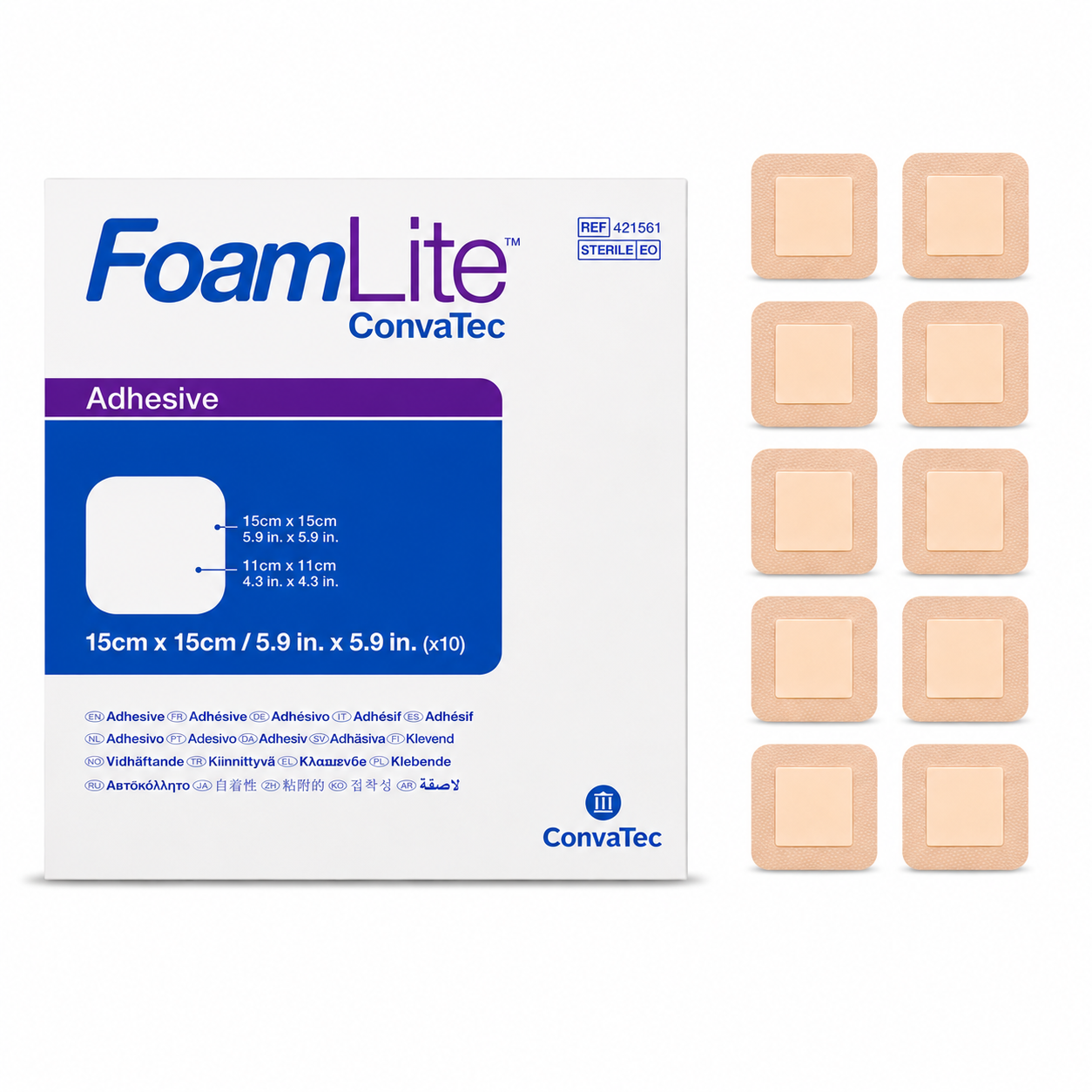 Apósito espuma adhesivo silicona FoamLite 15x15 caja x10 Convatec sobre fondo blanco para catálogo médico