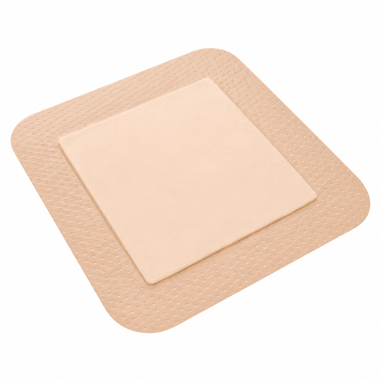 Apósito espuma adhesivo silicona FoamLite 15x15 en perspectiva lateral sobre fondo blanco para catálogo médico
