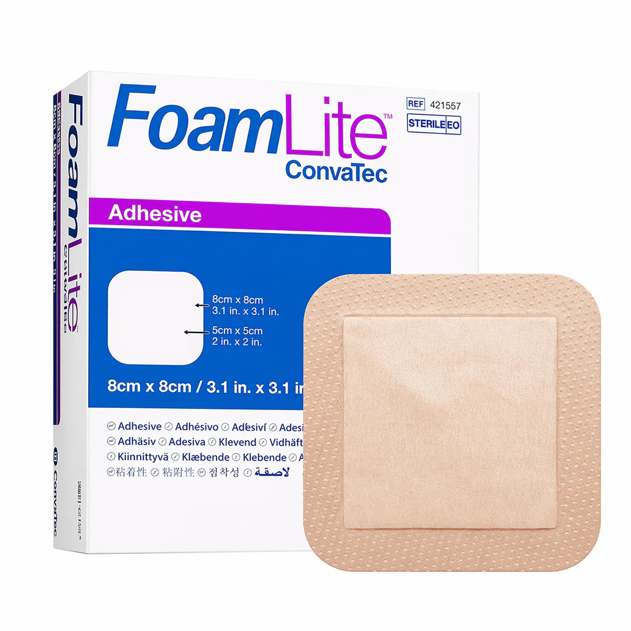 Apósito espuma adhesivo de silicona FoamLite 8x8 cm caja por 10 unidades ref 421557 Convatec para manejo avanzado de heridas