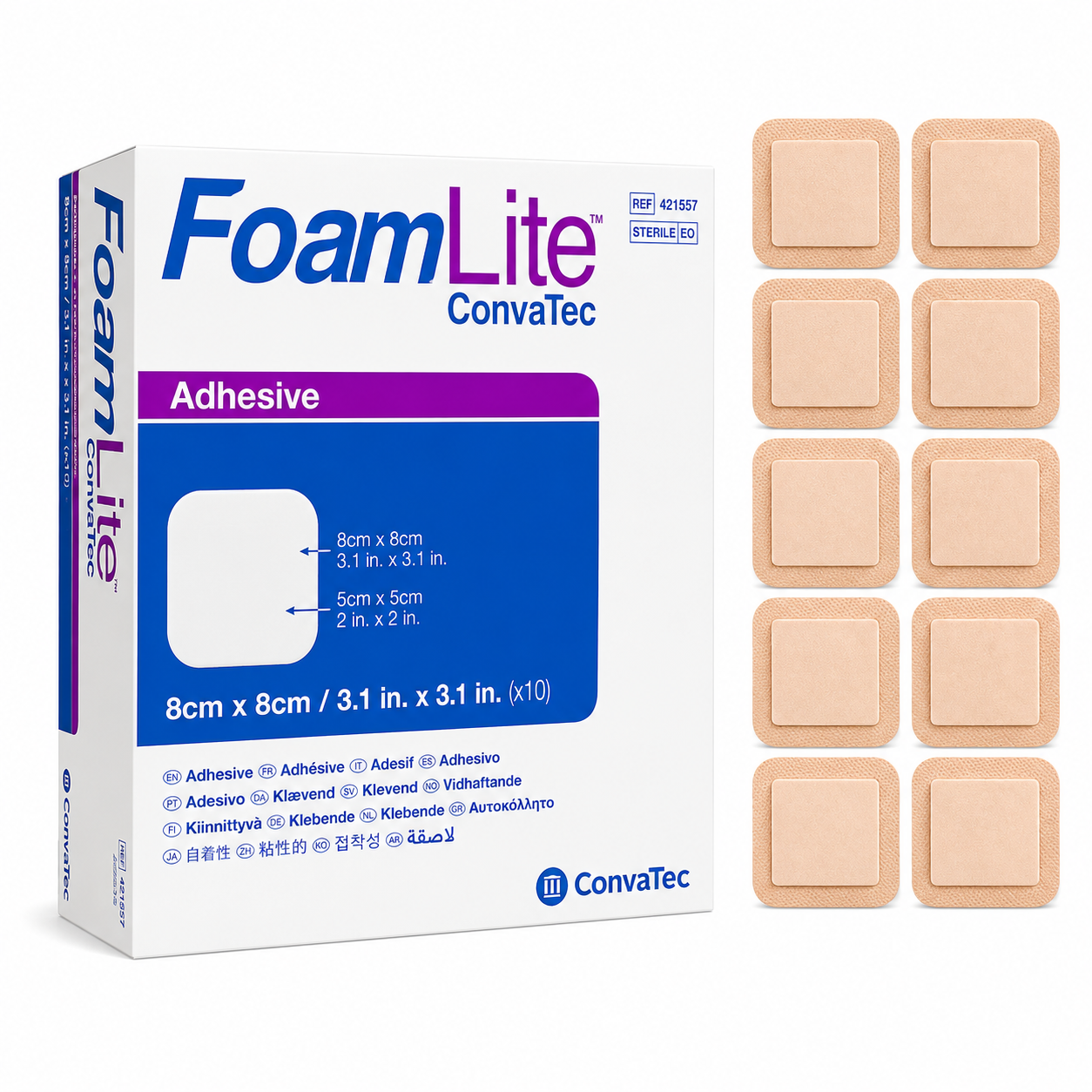 Apósito espuma adhesivo silicona FoamLite 8x8 cm caja x10 unidades Ref. 421557 Convatec sobre fondo blanco para catálogo médico
