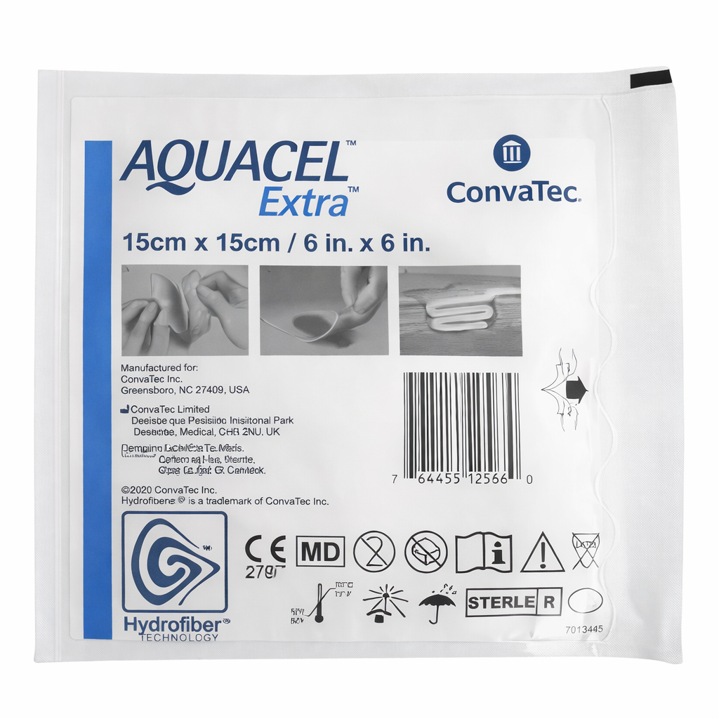 Apósito Aquacel Extra Ag+ 15x15 cm Convatec, vendaje absorbente con tecnología Hydrofiber para manejo de heridas y control de exudado