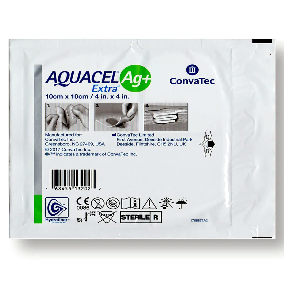 Apósito hydrofiber Aquacel Ag+ Extra, 10 cm x 10 cm, con plata al 1.2% y fibras de Tencel, en bolsa de aluminio dentro de caja de cartulina.