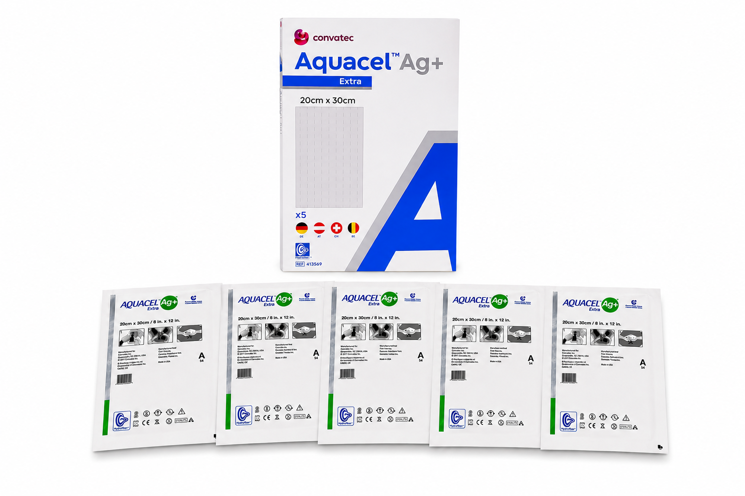 AQUACEL Extra Ag+ Absorbente 20x30 cm Caja x 5 Unidades Convatec, apósito avanzado con tecnología Hydrofiber para manejo de heridas y absorción de exudado.