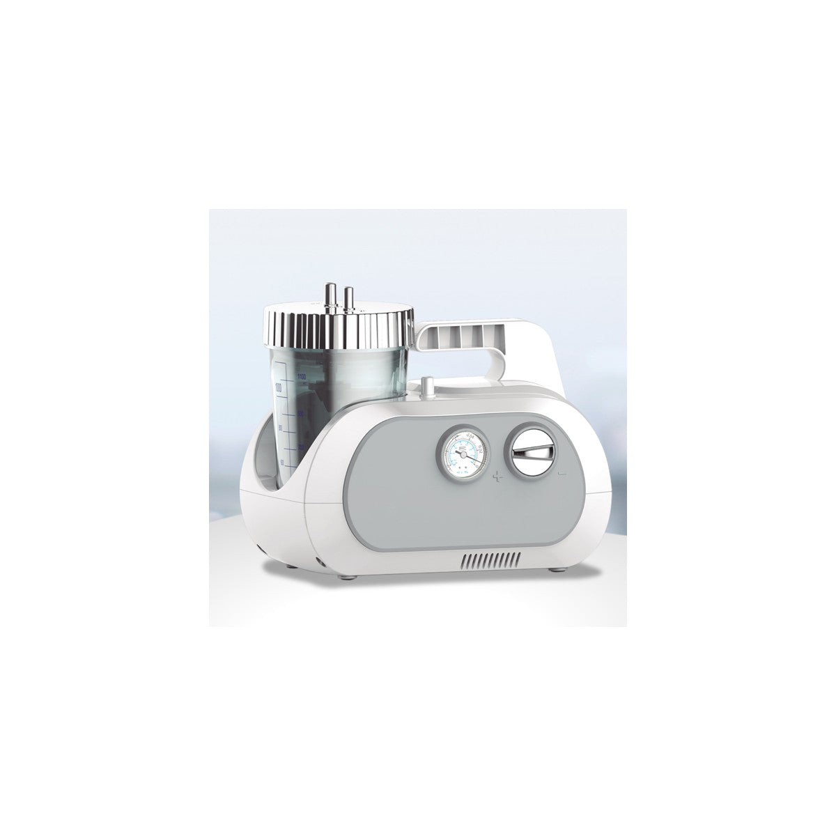 Aspirador de secreciones ADS 100 GMR-SM181, dispositivo médico portátil de color blanco, con manguera y recipiente de recolección.