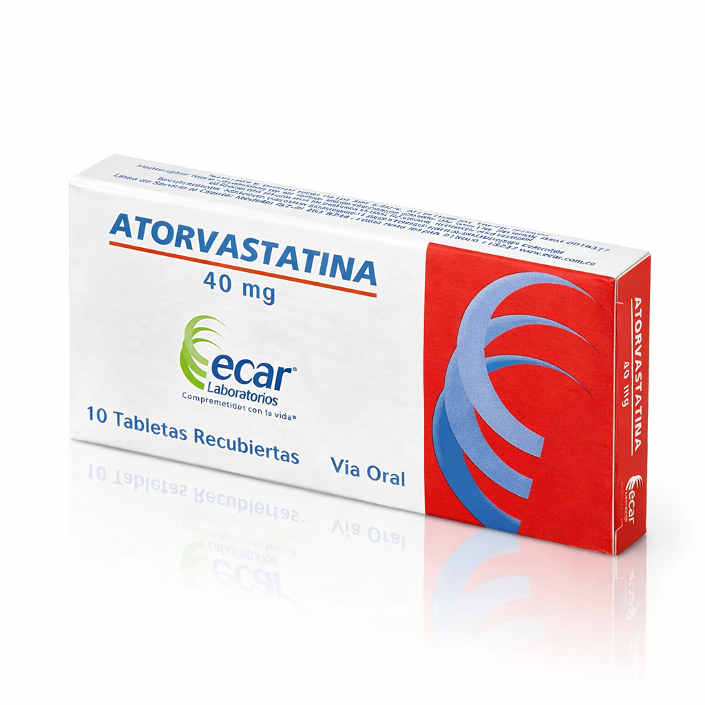 Atorvastatina 40 mg Ecar caja con 10 tabletas recubiertas, medicamento utilizado para el control del colesterol bajo prescripción médica