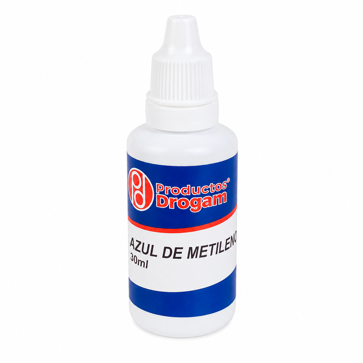Frasco de Azul de Metileno x 30 ml en envase gotero plástico para uso médico y laboratorio.