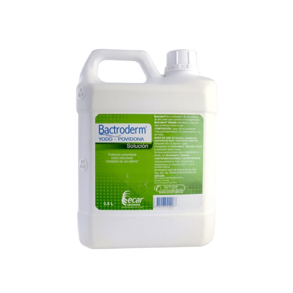 BACTRODERM solución antiséptica 3.5 litros con yodopovidona, presentación del producto para limpieza y antisepsia.