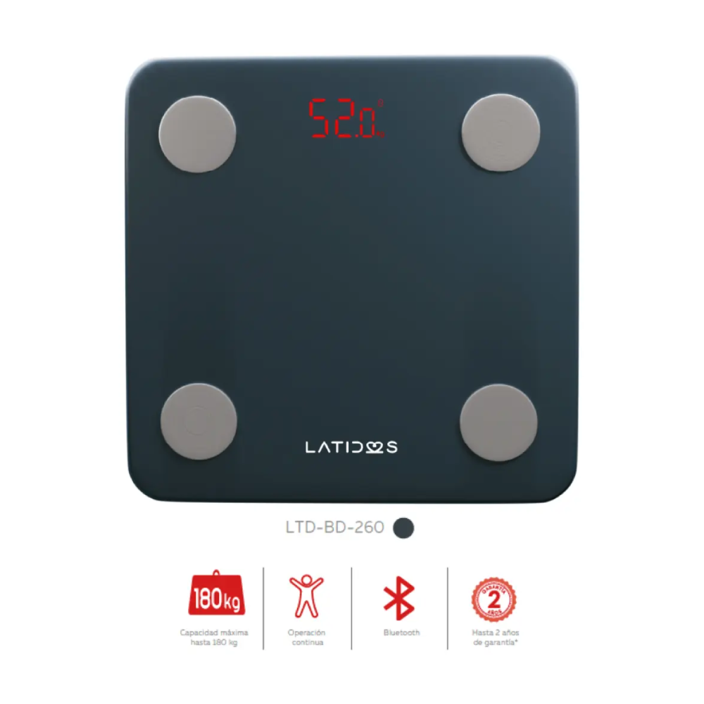 Vista superior de la balanza digital Bluetooth Latidos LTD-BD-260 para análisis de grasa corporal y seguimiento de composición corporal