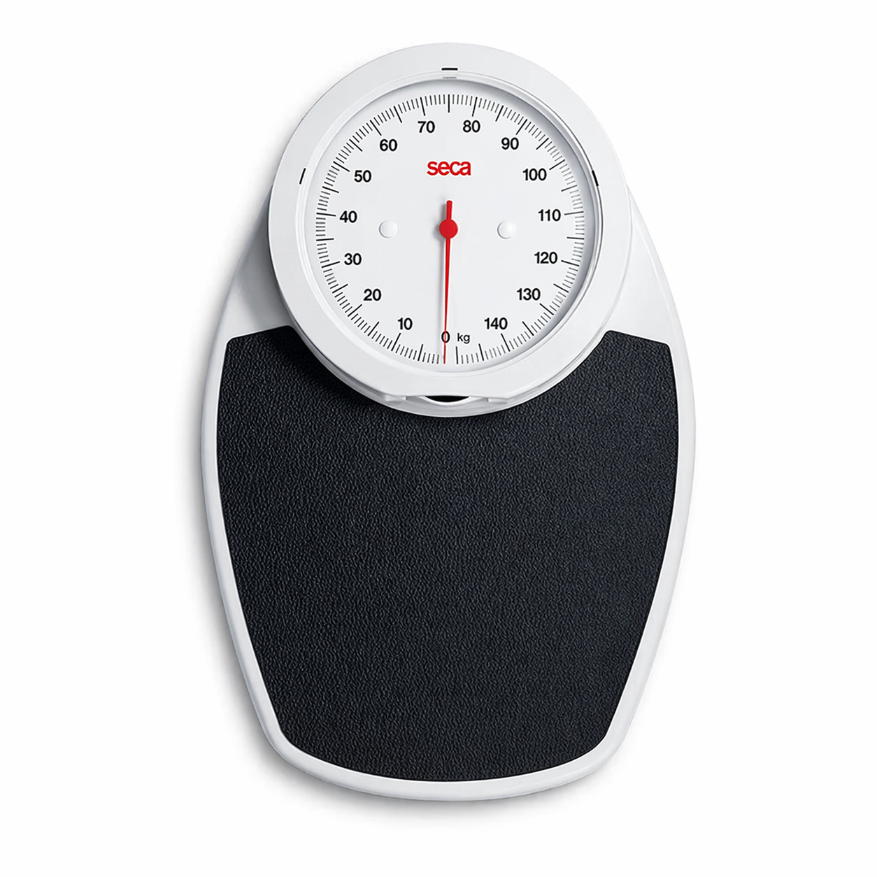 Balanza de piso marca SECA, modelo 750, con capacidad de 150 kg, diseño rectangular en color blanco, fondo blanco.