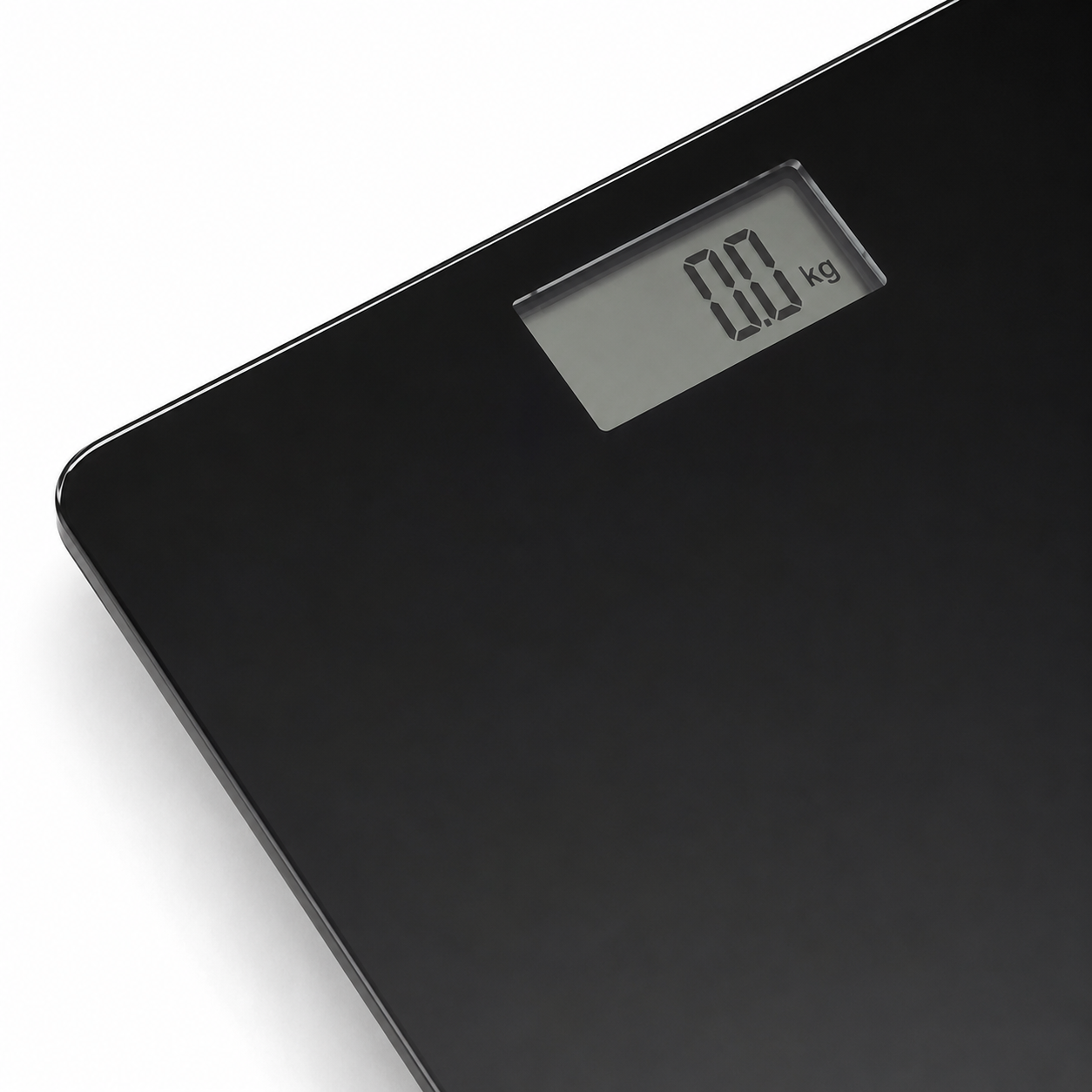 Báscula digital personal Vivo+ GLX en vidrio negro con pantalla LCD y diseño ultradelgado.