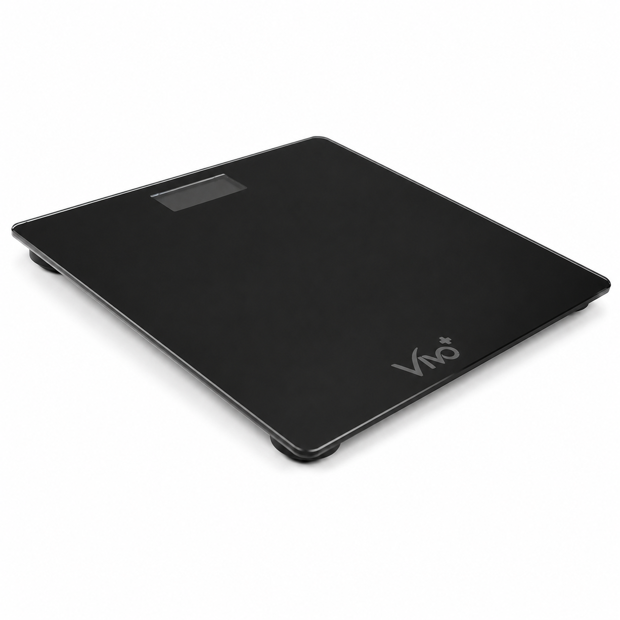 Báscula digital de vidrio negro Vivo+ con diseño moderno y medición precisa del peso.