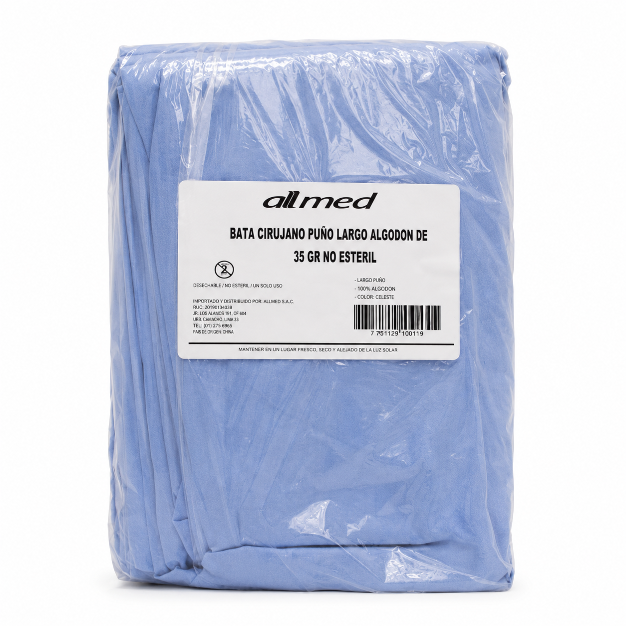 Bata Cirujano Algodón Blanco 35g No Esteril - Allmed (10 Und)