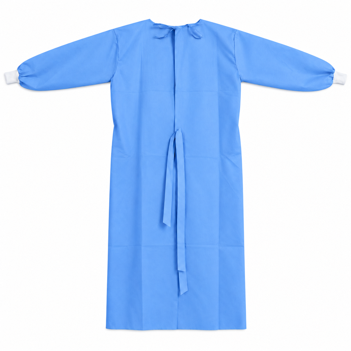 Bata quirúrgica desechable Allmed azul de manga larga, 25-30 g, presentación de 5 unidades para procedimientos médicos.