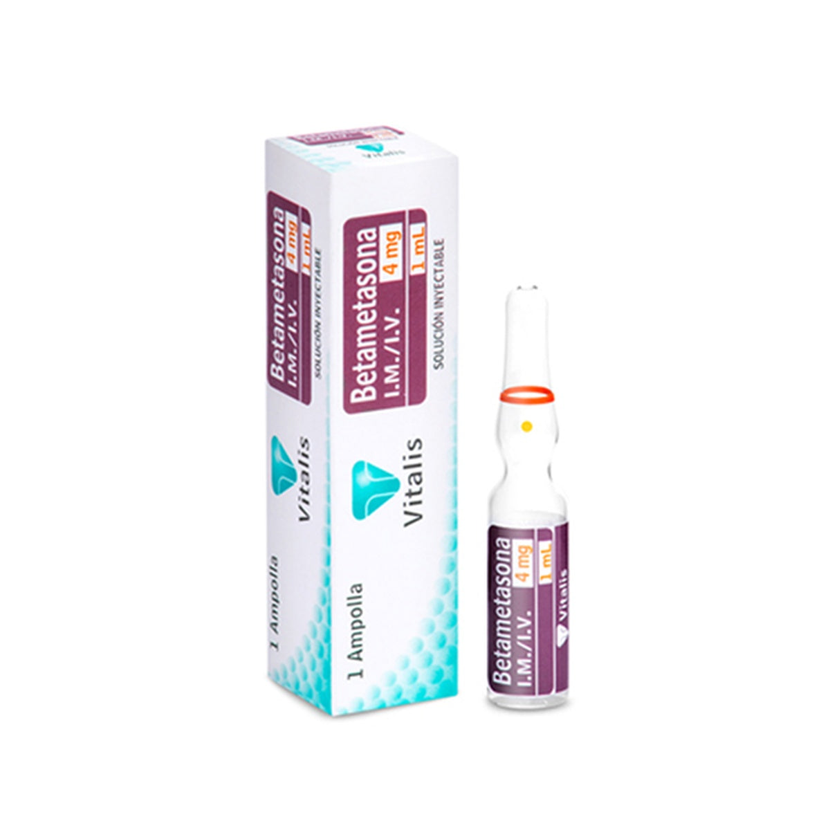 Betametasona 8 mg/2 mL en vial, solución inyectable de corticosteroide antiinflamatorio, presentado en fondo blanco.