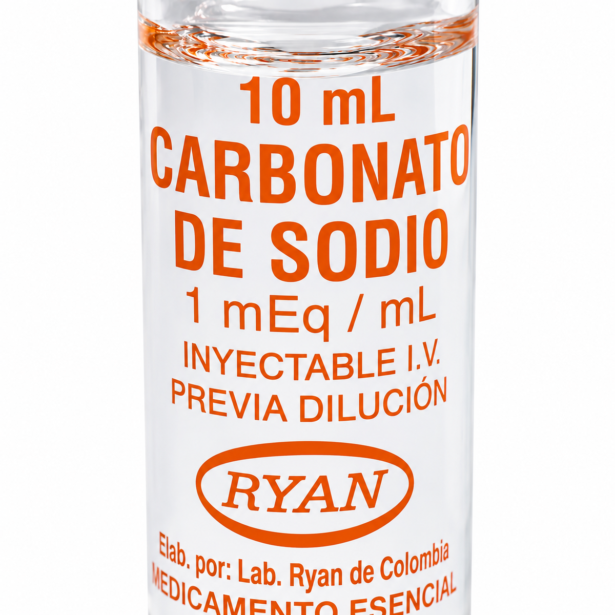 Presentación en ampolla de bicarbonato de sodio Ryan, 10 ml y concentración de 1 mEq/ml.