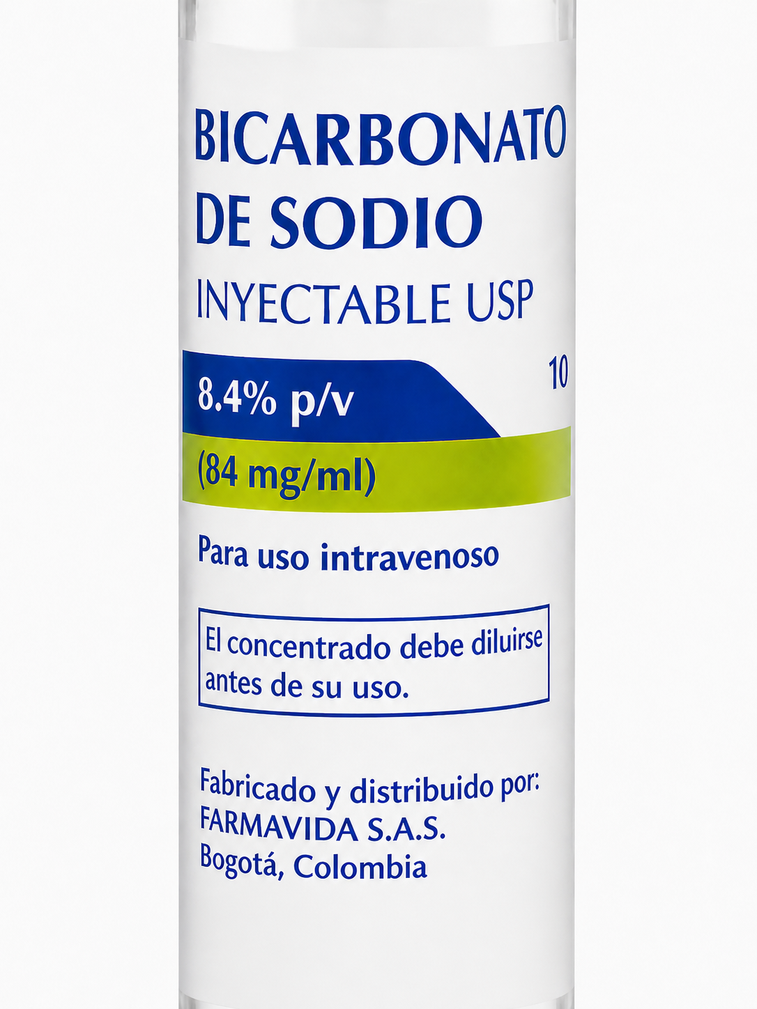 Etiqueta de ampolla de bicarbonato de sodio 8.4% p/v inyección USP con información de uso intravenoso y concentración