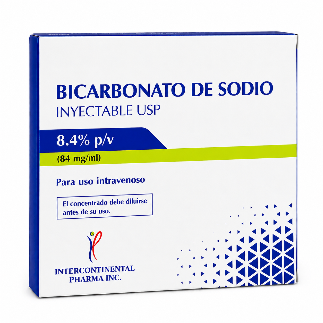 Bicarbonato de sodio 8.4% p/v inyección USP caja para uso intravenoso con concentración 84 mg/ml