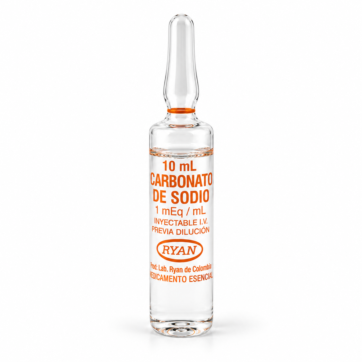 Bicarbonato de sodio Ryan en ampolla de 10 ml, con concentración de 1 mEq/ml.