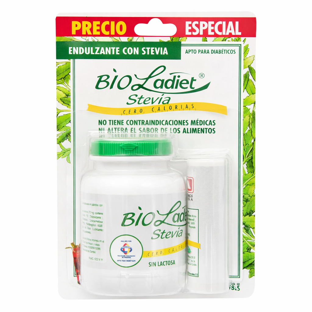 BIO LADIET Stevia Acesulfame K FCO 500 tab + 150 tab America edulcorante natural en presentación con frasco y dispensador
