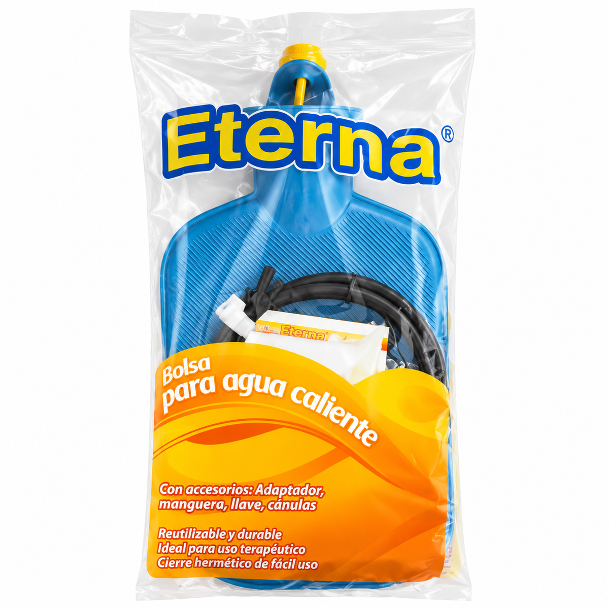 Bolsa de agua caliente Eterna con accesorios, diseñada para brindar calor localizado y complementar rutinas de bienestar y confort.