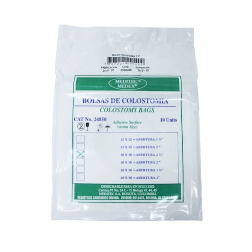 Bolsa colostomía Meditec de 2.5 pulgadas, color beige, presentada en un paquete de 10 unidades, fondo blanco.
