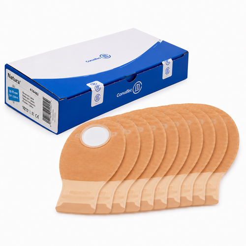 Bolsa de Colostomía Natura Convatec Caja x10 Unidades con bolsas organizadas para visualización de contenido, sistema de ostomía diseñado para uso médico y cuidado diario.
