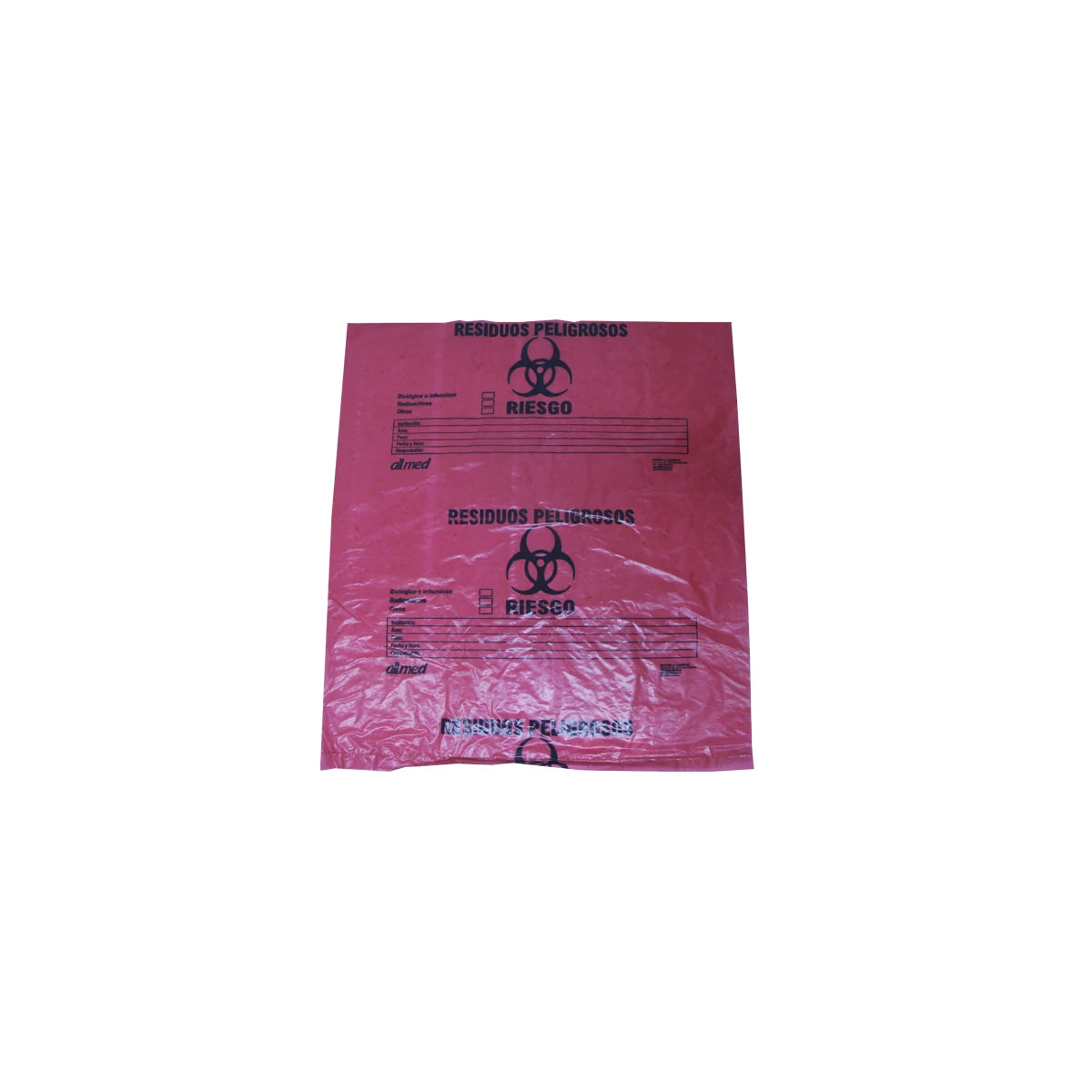 Bolsa roja de 46x50 cm, calibre 1.2, con rótulo, fabricada por Allmed, ideal para uso clínico y desechos médicos.