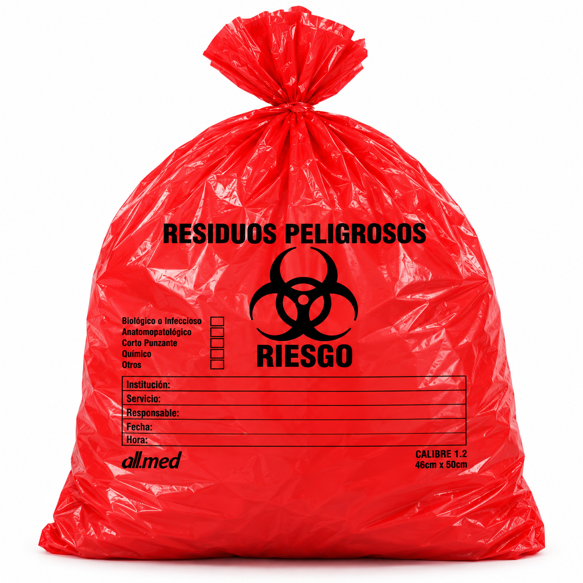 Bolsa roja para residuos biológicos Allmed de 46 x 50 cm y calibre 1.2, rotulada para disposición de residuos médicos.