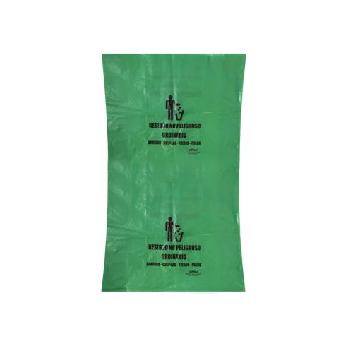 Bolsa verde de 46x50 cm, calibre 2, no reciclable, marca Allmed, adecuada para uso industrial o clínico.