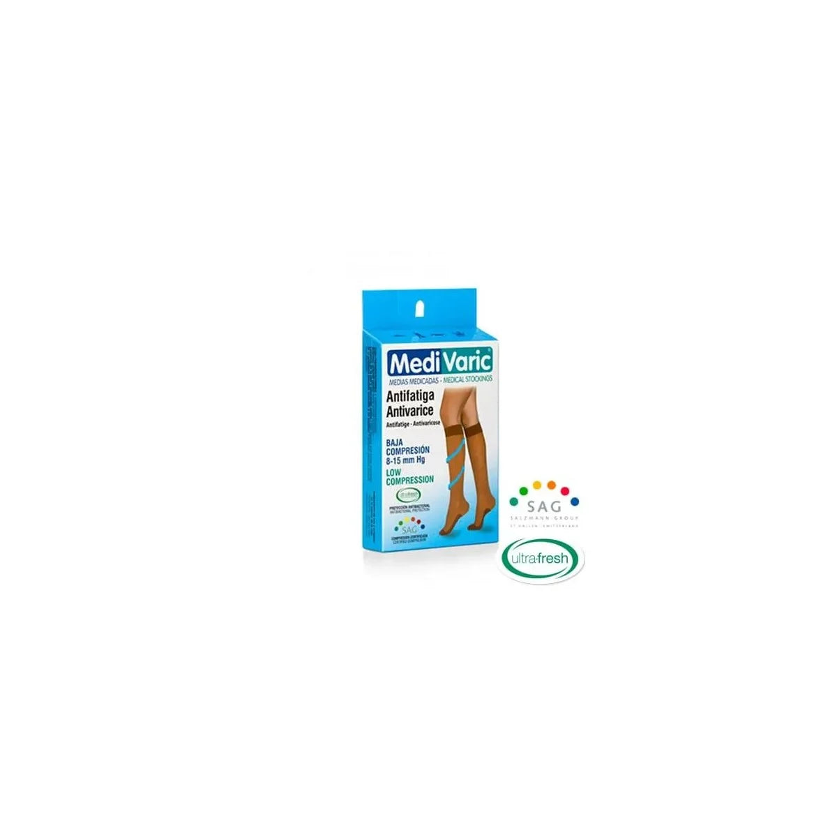 Dama Transparente Rodilla Baja Compresión 8-15 mmHg, color Sahara, fabricada en 80% poliamida y 20% elastano, con banda elástica.