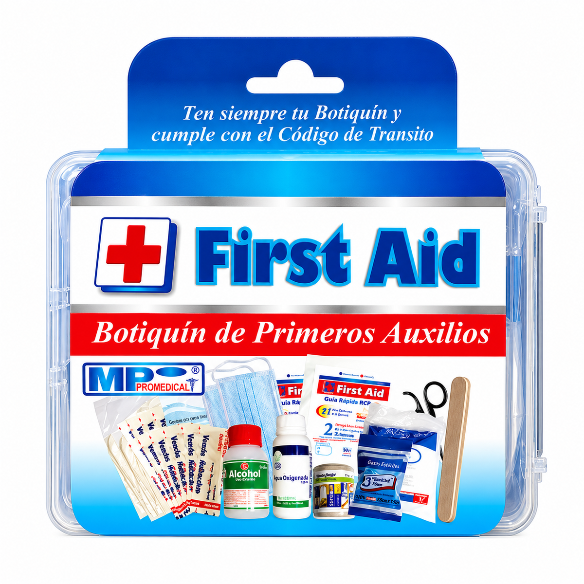 Botiquín de primeros auxilios MP Promedical color azul de 30 x 20 cm, diseñado para organizar y transportar insumos básicos de atención y emergencia.