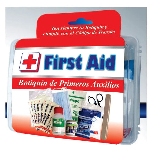 Botiquín de primeros auxilios MP Promedical, con cubierta roja, diseñado para almacenamiento seguro de suministros médicos.