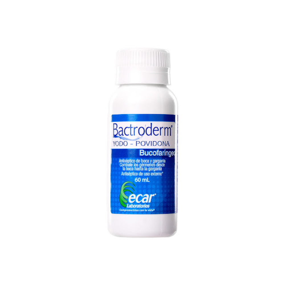 Antiséptico ECAR BACTRODERM bucofaríngeo 60 ml, presentación del producto para higiene y cuidado bucofaríngeo.