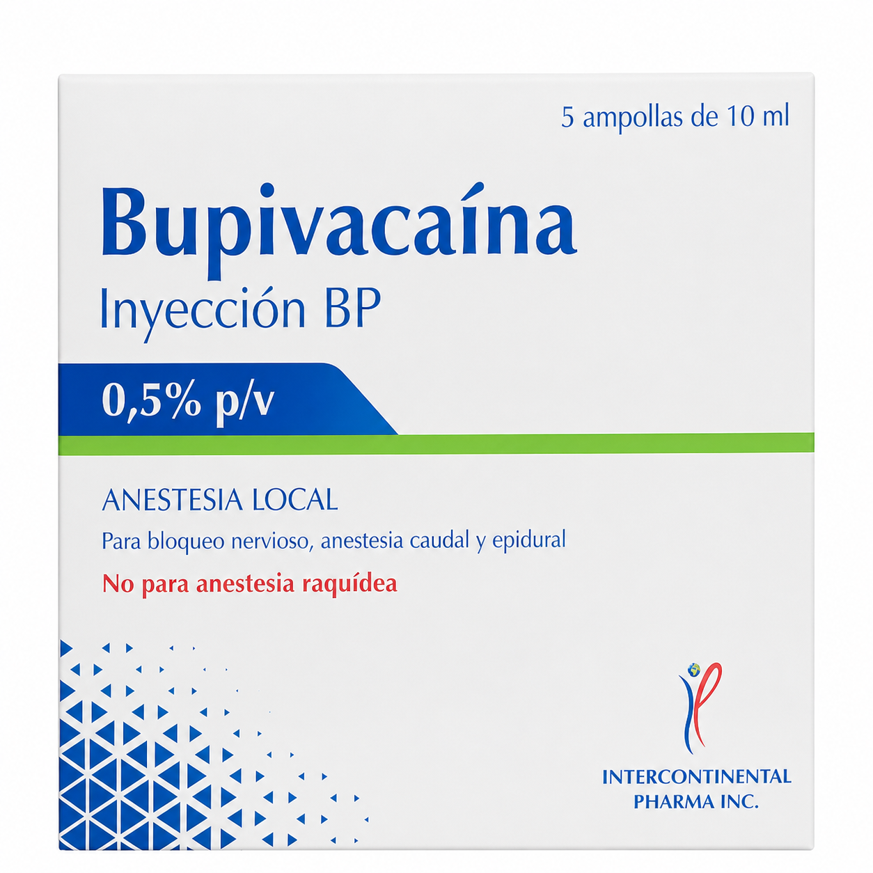 Caja de bupivacaína 0.5% p/v inyección BP con indicaciones de anestesia local y uso clínico