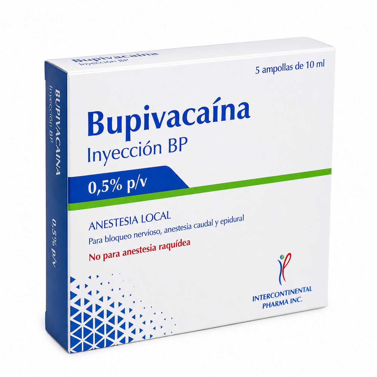 Caja de bupivacaína 0.5% inyección BP en vista perspectiva mostrando frente y lateral del empaque