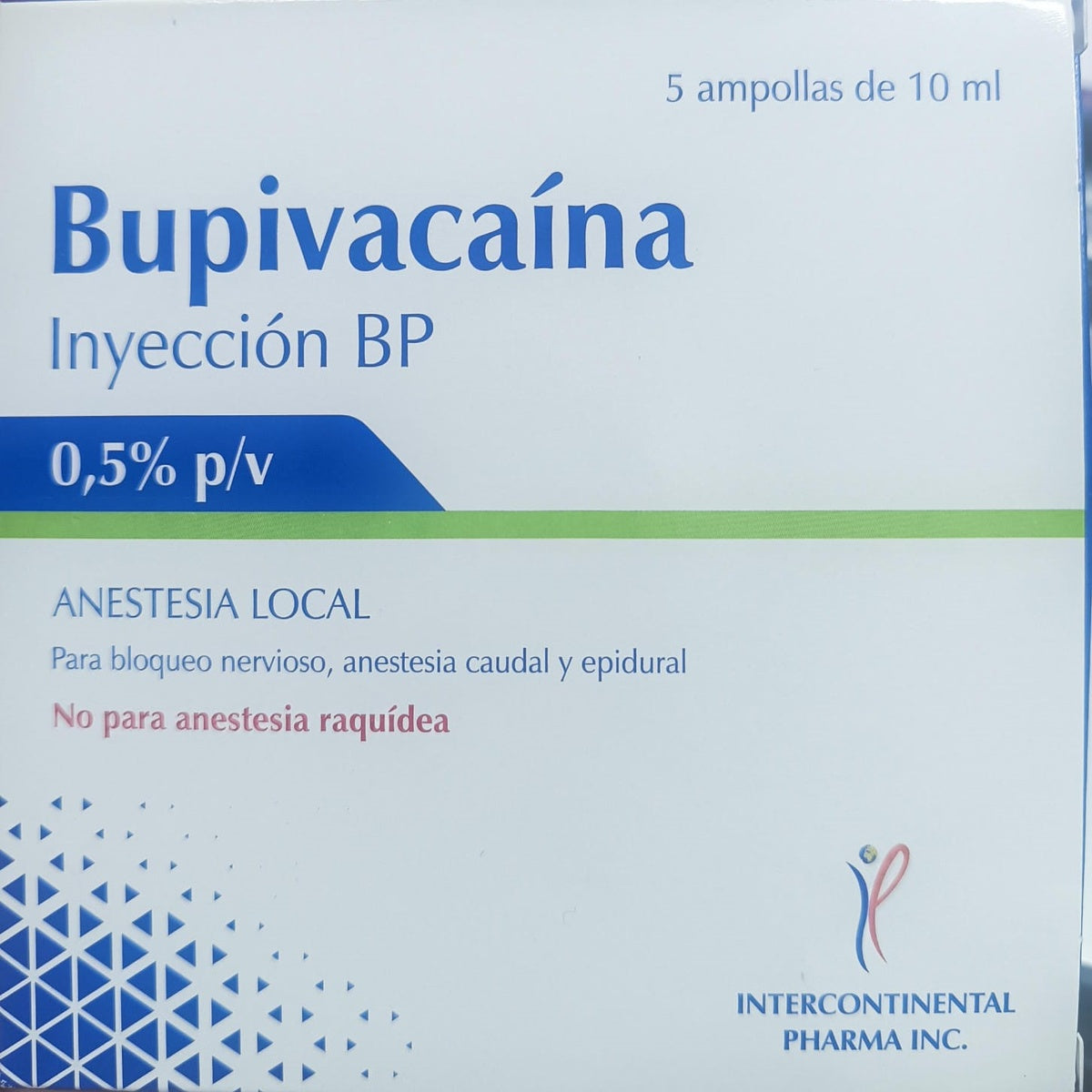 Bupivacaína Clorhidrato 0.5% solución inyectable en ampolla de vidrio ámbar de 10 mL, indicada para anestesia local y regional.