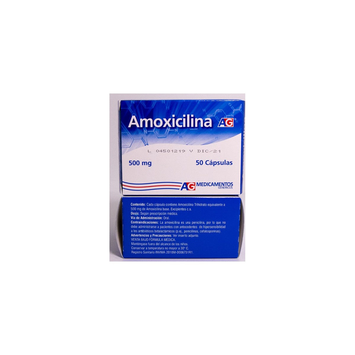Cápsulas duras de Amoxicilina 500 mg, color naranja, en blíster de PVC, presentadas en caja de 10 unidades, fondo blanco.