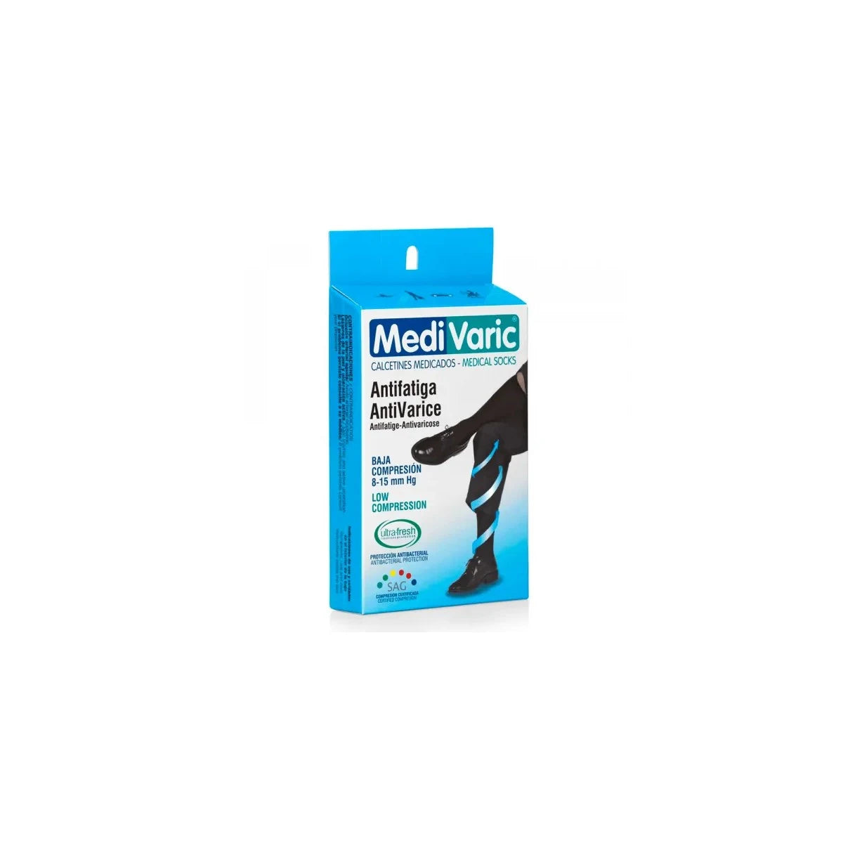 Calcetín de baja compresión 8-15 mmHg, referencia 3313, en color negro, confeccionado con 80% poliamida y 20% elastano, con banda elástica.