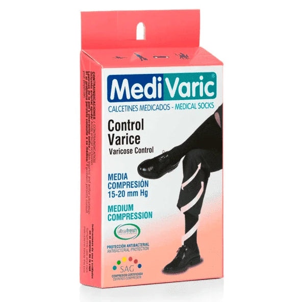 Calcetín de compresión media de 15-20 mmHg en color negro, marca Medivaric, diseñado para mejorar la circulación sanguínea.