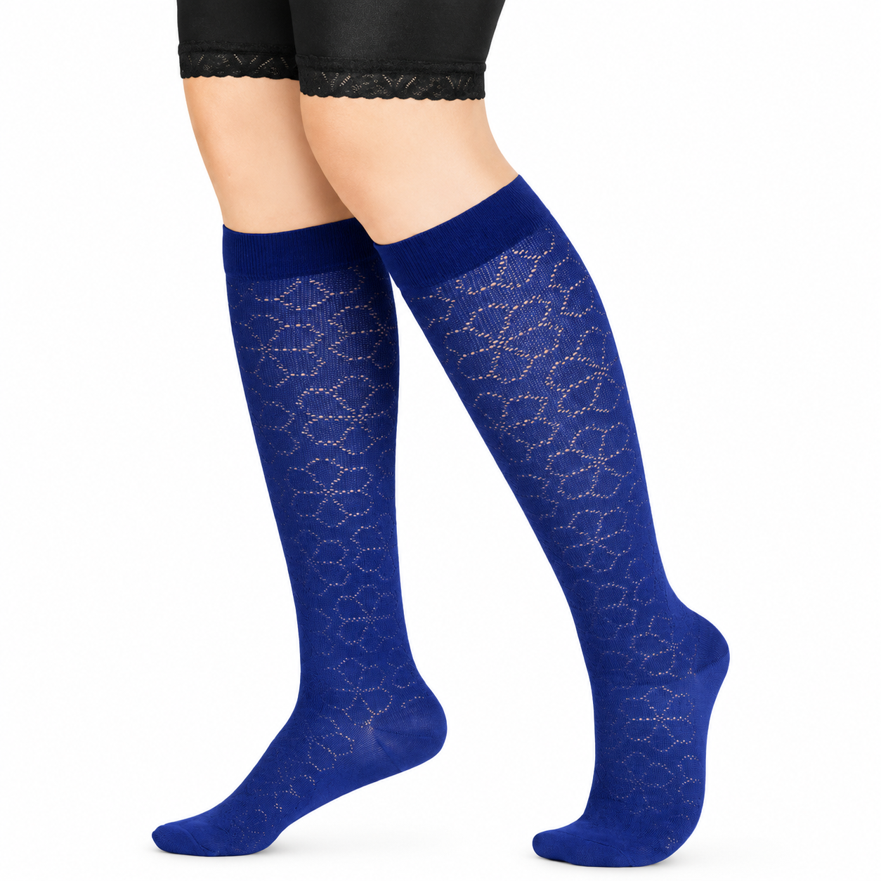 Calcetín de compresión media Medivaric para dama, color azul Fantasy talla M, diseñado para brindar soporte y comodidad en las piernas.