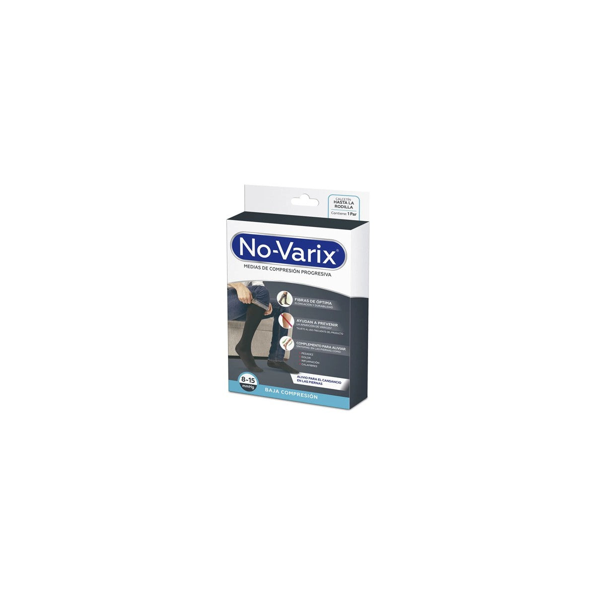 Calcetín de compresión para caballero "NO-VARIX - NV-X" de TEXPON S.A., color negro, con refuerzo en talón y puntera, fabricado en 95% nailon y 5% elastano.