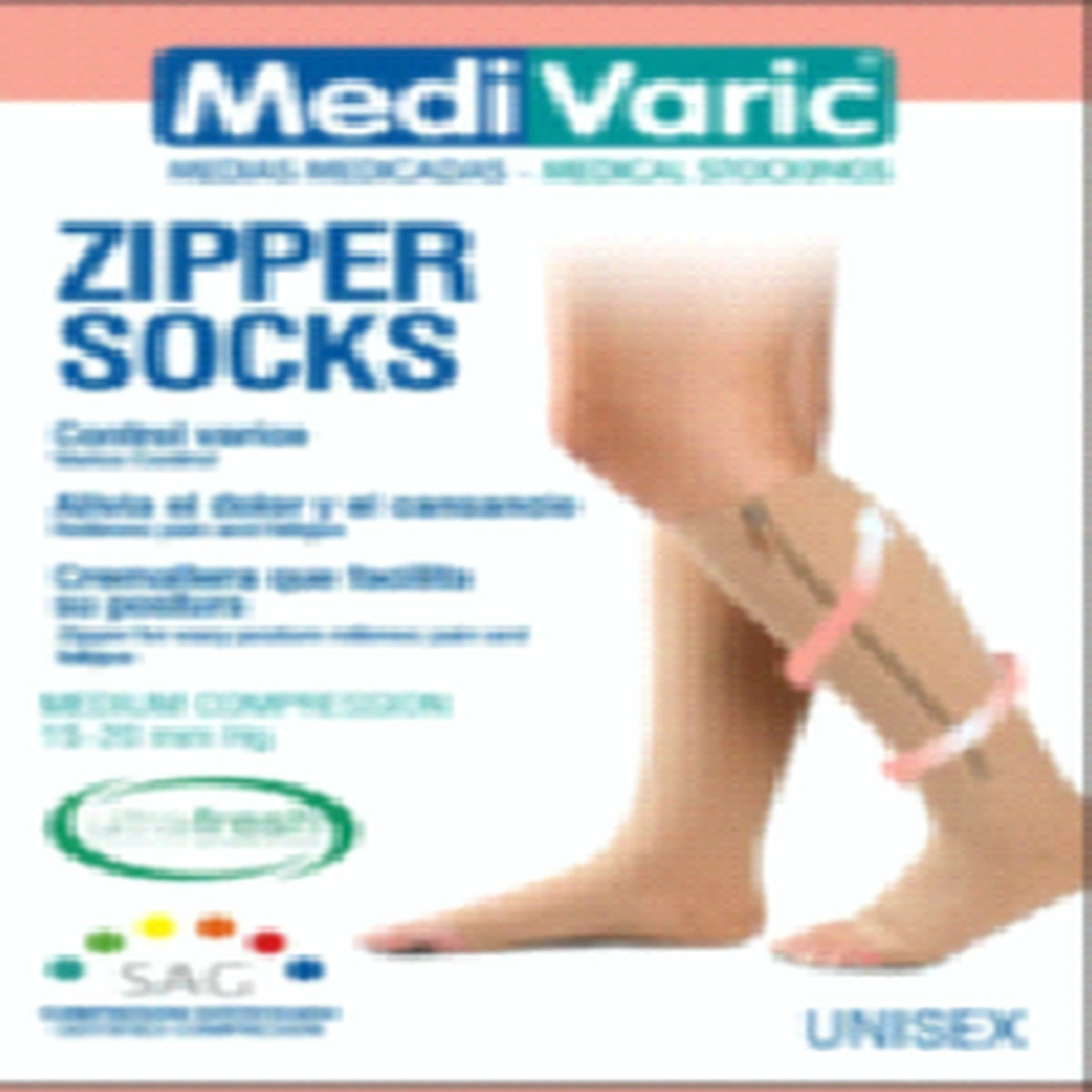 Medias a la rodilla de compresión graduada en color azul, con cremallera lateral para fácil colocación, fabricadas en 80% poliamida y 20% elastano.