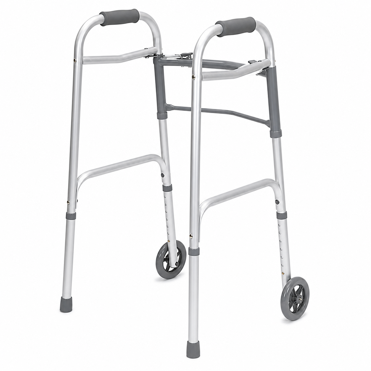 Caminador de aluminio plegable Konfort Plus color gris con ruedas de 5 pulgadas vista trasera estructura ajustable referencia KP153-AL-19