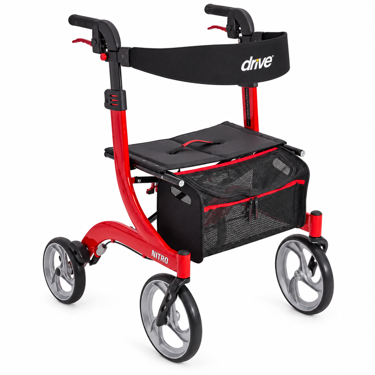 Caminador Drive Nitro color rojo con cuatro ruedas y asiento plegable, diseñado para brindar estabilidad, comodidad y apoyo durante la marcha.