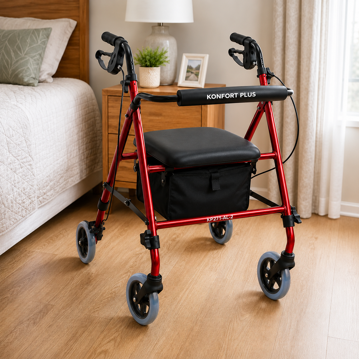 Caminador rojo ajustable Konfort Plus KP271-AL-2 ubicado en la habitación de una persona mayor, con asiento acolchado y ruedas, en entorno de cuidado y movilidad domiciliaria.