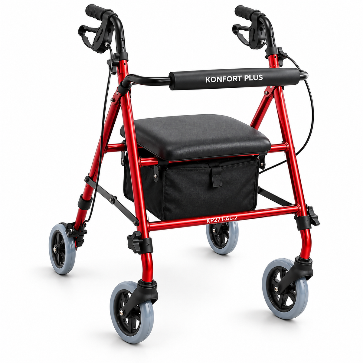 Caminador Konfort Plus color rojo, ajustable y referencia KP271-AL-2, diseñado para brindar apoyo y estabilidad al caminar.