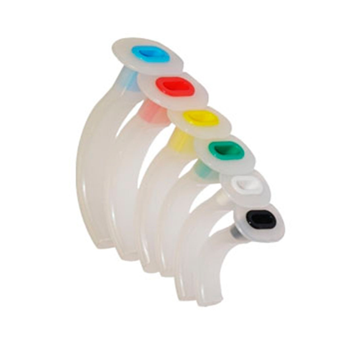 Cánula de Guedel #00 de Allmed, 50 mm, fabricada en polietileno semirrígido blanco con extremo coloreado para identificación de tamaño.