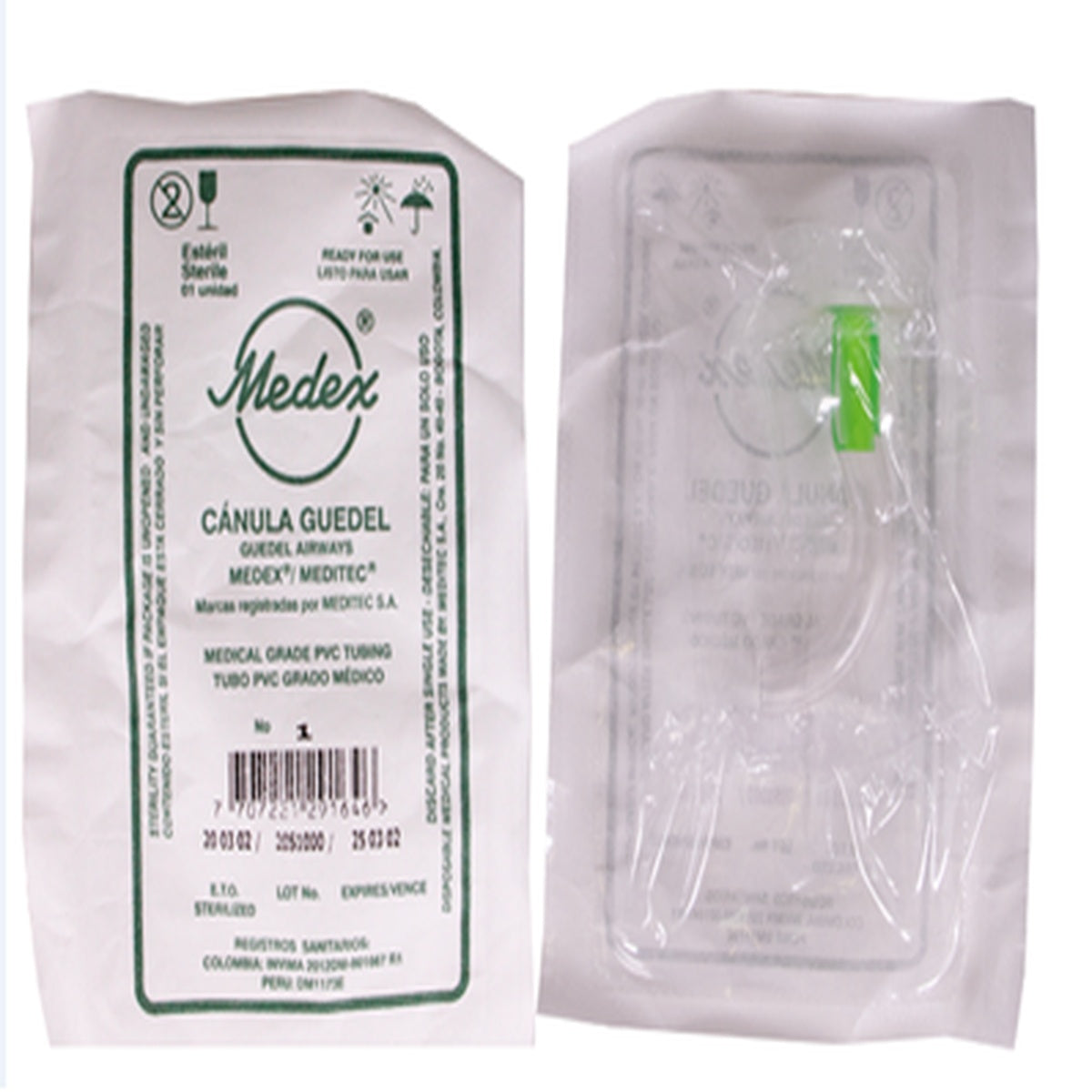 Cánula Guedel #1 (65 mm) de MEDITEC, tubo bucofaríngeo transparente con anillo mordedor verde, fabricada en PVC médico, estéril.