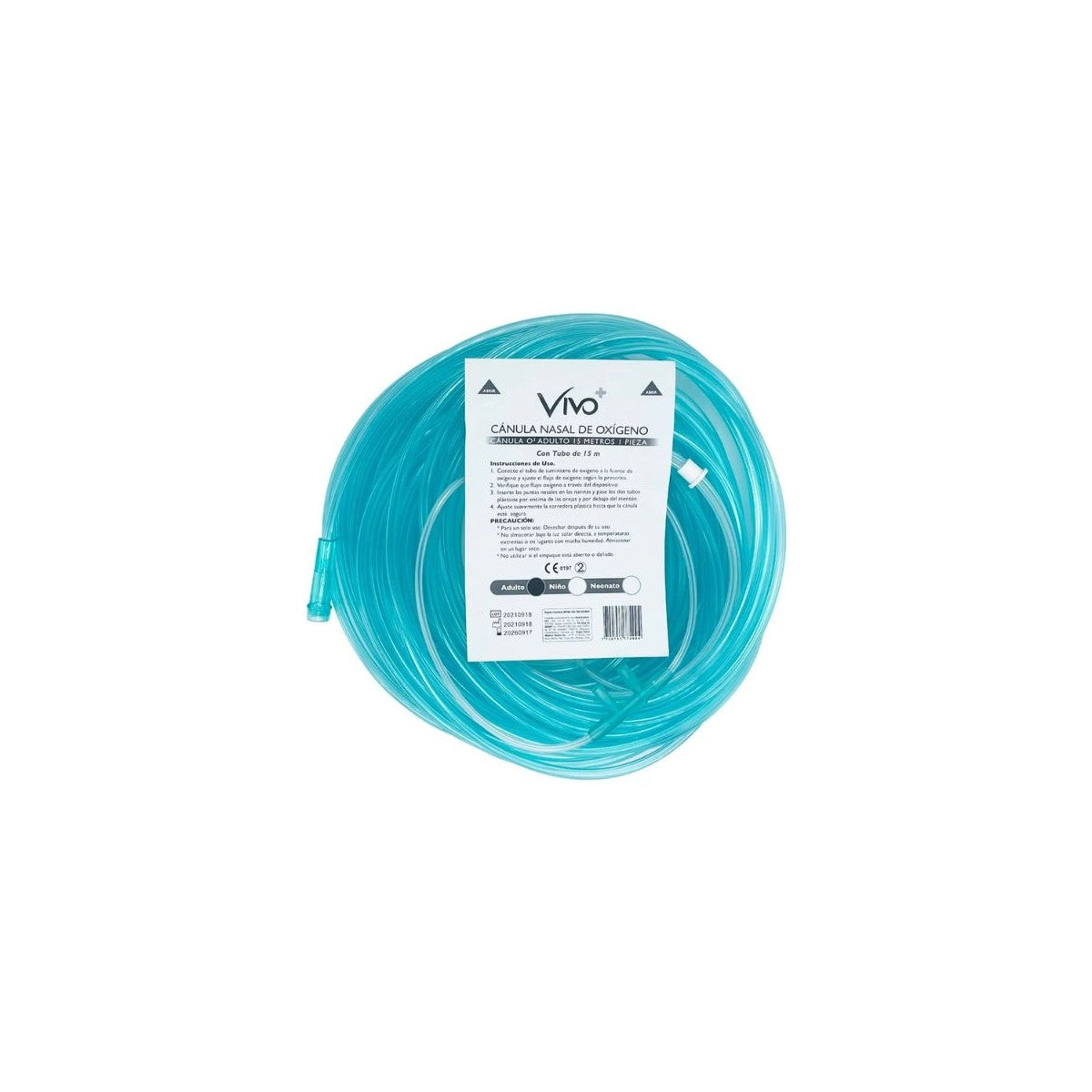 Cánula nasal O2 adulto de 15 metros VIVO+, fabricada en PVC médico, con puntas nasales de silicona, color transparente y diseño ergonómico.